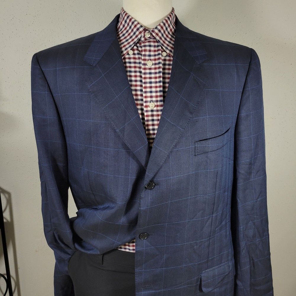 Canali‎ AL13320/00 Men's Sport Coat Blazer Two Button Navy Plaid Silk Wool 52XL - Picture 2 of 16